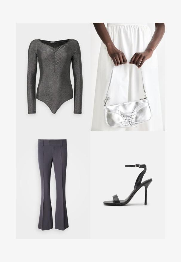 Langsleeve bodysuit in glanzende zwarte stof met een diepe V-hals en geplooide details aan de voorkant, met een aansluitende silhouet en drukknopen sluiting.; Grijze flared broek van soepel materiaal met een getailleerde pasvorm, met voorste kreuklijnen en een middelhoge tailleband.; Zwarte hoge hakken sandaal met een slanke enkelband en twee voorste banden. Gemaakt van soepel leer met een slanke puntneus en een stiletteloze hak.; Zilveren metalen handtas met vetersluiting, met een strak ontwerp en een korte schouderriem. De tas wordt vastgehouden in de handen, waardoor de textuur goed tot zijn recht komt.