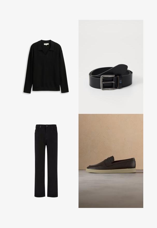 Sort pullover-sweater med krave og V-hals. Ribbet tekstur, lange ærmer og en afslappet pasform. Blødt materiale med et ensartet mønster.; Sorte denimbukser med lige ben design, der har en knaplukning, bælteløjfer og forlommer. Glat tekstur og ensartet farve.; Mørkebrune læderloafer med cremefarvet sål svævende over beige tekstureret tæppe, rundt træbord og stablede bøger i baggrunden.; Sort læderbælte med en sølvmetalspænde, der har en glat overflade og et enkelt, klassisk design. Accenter inkluderer en blå detalje nær spænde.