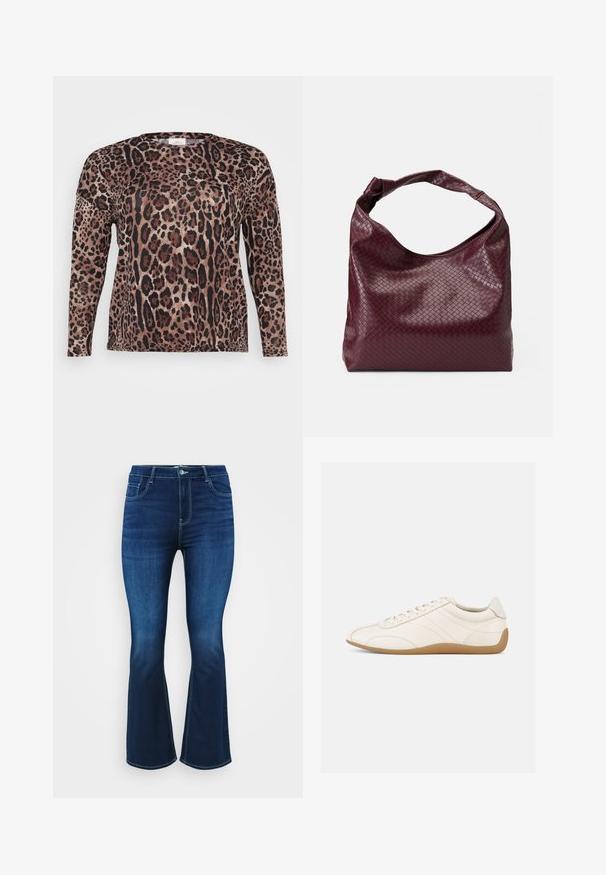 Camisa de manga larga con un patrón de estampado de leopardo que presenta tonos de marrón, negro y beige. Textura suave y ajuste relajado.; Jeans de campana en azul oscuro, fabricados en denim, que cuentan con un diseño de cinco bolsillos, cremallera con botón y costuras contrastantes a lo largo de las costuras.; Zapatilla deportiva de cuero blanco con textura suave, punta redondeada y costuras tono sobre tono. Cuenta con una suela de goma color cuero y cierre de cordones.; Bolso burdeos con un patrón tejido texturizado, material de cuero suave y un solo asa anudada. Diseño espacioso estilo hobo.