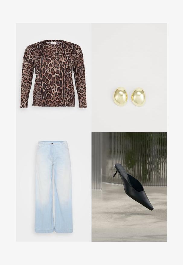 Langærmet skjorte med leopardprint i nuancer af brun, sort og beige. Blød tekstur med en afslappet pasform.; Lysblå denim brede bukser med en gradient vask, der har en knaplukning, forlommer og kontrastsyninger langs kanten.; Sort mule sko med spids tå og tynd høj hæl, der svæver over en glat beton gulv med en sløret baggrund med lodrette striber.; Guldtonede metalstudøreringe med en glat, rund form og poleret overflade. Simpelt design uden yderligere dekorationer.