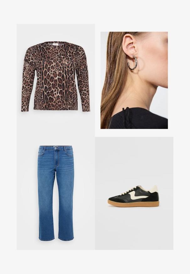 Langärmliges Hemd im Leopardenmuster mit Brauntönen, Schwarz und Beige. Weiche Textur mit lockerer Passform.; Blaue Jeans aus Denim mit geradem Beinansatz, ausgestattet mit einem Knopfverschluss, klassischem Fünf-Taschen-Design und subtiler, ausgewaschener Textur an den Oberschenkeln.; Schwarze Wildleder- und Leder-Sneaker mit einem cremefarbenen Seiten-Swoosh und einer hellcremefarbenen Ferse. Ausgestattet mit beige Schnürsenkeln und einer Gummilaufsohle.; Silberne Creolen mit polierter Oberfläche, die kleine goldene Akzentdetails und eine runde Form aufweisen, am Ohrläppchen getragen.
