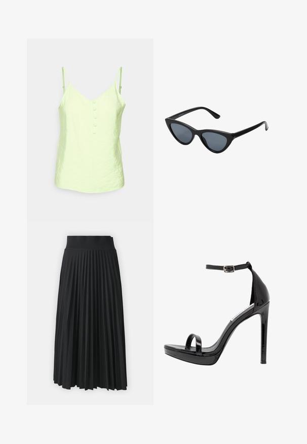 Vero Moda Petite VMQUEENY SINGLET V NECK - Top - sharp green; Čierna plisovaná sukňa so širokým pásom, s jednotnými vertikálnymi skladmi po celom obvode. Hladký povrch s plynulým dizajnom.; Steve Madden MILANO - Sandále na vysokom opätku - black; Čierne slnečné okuliare v štýle mačacích očí s tmavošedými sklami, elegantným plastovým rámom, špicatými rohmi a rovnými stranami. Bez viditeľného hardvéru alebo akcentov.