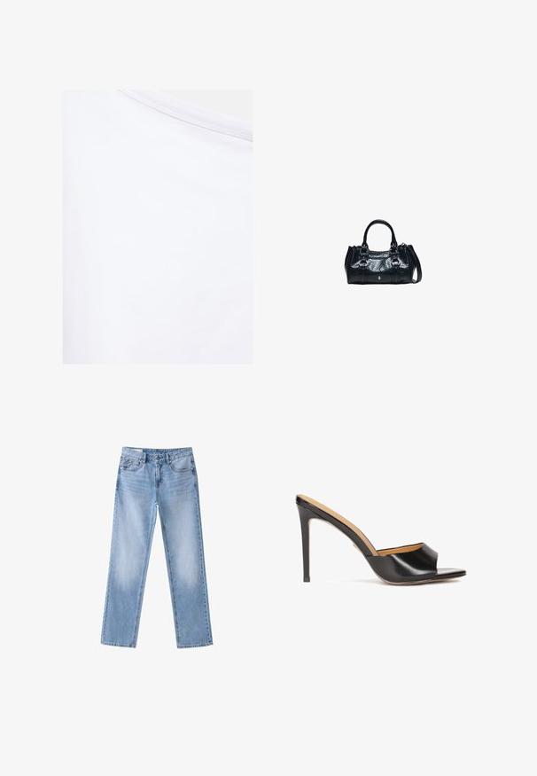 Weißer Stoff mit glatter Textur und sichtbarer Naht nahe dem oberen Rand.; Hellblaue Jeans mit geradem Bein, vorderen Taschen, Gürtelschlaufen und Knopfverschluss auf weißem Hintergrund.; Schwarze offene Absatzmules mit glänzendem Lederfinish, konischem Blockabsatz und einem sanft geformten Riemen über dem Spann.; Schwarze Lederhandtasche mit zwei oberen Griffen, dekorativen Schnallen und abnehmbarem Schulterriemen auf weißem Hintergrund.