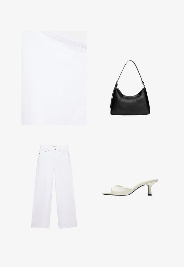 Tissu blanc avec une texture lisse et une couture visible près du bord supérieur.; Jean blanc taille haute à jambes larges avec fermeture à boutons et zip, poches avant et arrière, et détails en rivets argentés.; Mule en cuir blanc à bout ouvert avec un talon bloc incurvé de hauteur moyenne et une semelle carrée légèrement effilée à l’avant.; Sac à main noir en simili cuir avec une forme incurvée, poignée courte, fermeture éclair et un motif texturé subtil sur la surface.