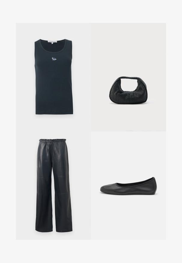 Donkergrijze geribbelde mouwloze tanktop met een klein geborduurd voslogo gecentreerd op de bovenste borst.; Zwarte neplederen wijdgesneden broek met een elastische tailleband, voorzien van een zachte textuur en nette stiksels.; Zwarte leren ballerina met een ronde neus, gladde textuur, minimale stikdetails en een flexibele zoolontwerp.; Zwarte geweven hobo-tas met een zachte structuur en geïntegreerd handvat, weergegeven op een effen lichte achtergrond.