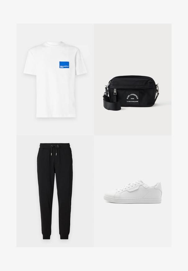 Witte katoen t-shirt met een blauw rechthoekig logo op de linkerborst met de tekst "KARL LAGERFELD JEANS". Met rond de hals ontwerp.; Zwarte joggingsbroek met een elastische tailleband, verstelbare koord, zijzakken en tapered pijpen. Gemaakt van zachte, rekbare stof.; Witte leren sneaker met een ronde neus, zes oogjes, platte veters en een minimalistisch ontwerp. Bevat een klein logo aan de zijkant.; Zwart nylon schoudertas met ritssluiting, verstelbare schouderband en een witte merkpatch met "Karl Lagerfeld Paris." Compact ontwerp.