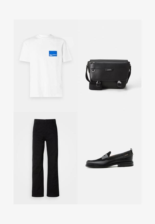 Weißes Baumwoll-T-Shirt mit einem blauen rechteckigen Logo-Patch auf der linken Brust, auf dem "KARL LAGERFELD JEANS" steht. Rundhalsausschnitt-Design.; Schwarze Baumwollhosen mit geradem Bein, ausgestattet mit einem Knopfverschluss und Gürtelschlaufen. Glatte Textur und minimalistischer Stil ohne sichtbare Muster.; Schwarzer Lederloafer mit grauem Riemendetail, niedrigem Absatz und strukturierter Sohle, seitlich mit „HUGO“ in Gold gebrandmarkt.; Schwarze, strukturierte Lacoste-Umhängetasche mit verstellbarem Tragegurt, Frontklappe, Reißverschlusstasche und Metallschnallen.