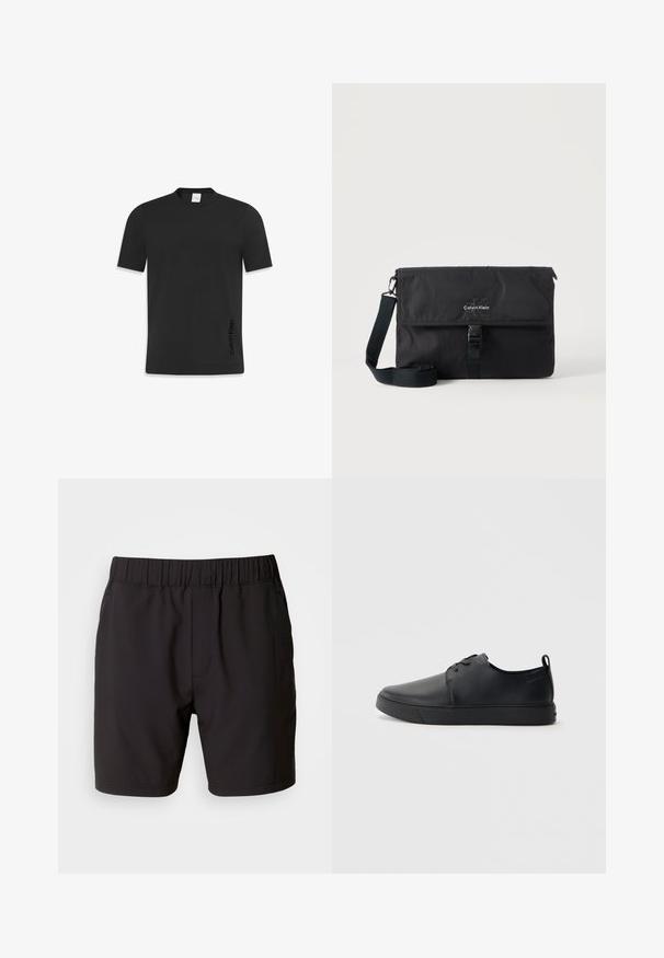 Sort kortærmet t-shirt fremstillet af glat bomuld, med en klassisk rund hals og et lille logo printet på den nederste side.; Sorte shorts lavet af strækbart stof, med en elastisk talje, sidelommer og et simpelt, rent design. Ingen mønstre eller detaljer.; Sorte lædersneakers med en glat finish, rund tå, tonalt syning, snøring foran og en flad gummisål. Løkke ved hælen.; Sort Calvin Klein messenger-taske med justerbar skulderrem og frontklap sikret med spænde, vist mod en ensfarvet baggrund.