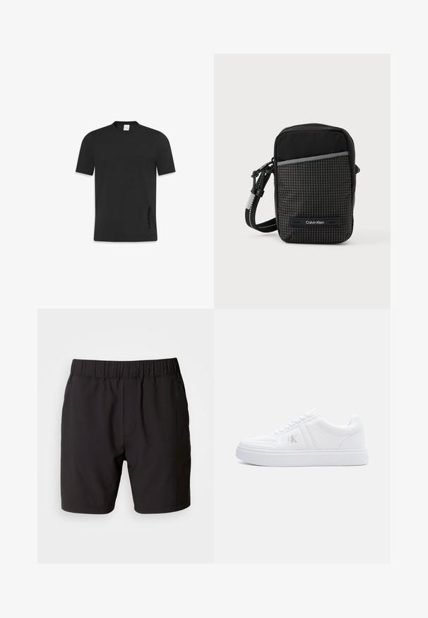 Sort kortærmet t-shirt fremstillet af glat bomuld, med en klassisk rund hals og et lille logo printet på den nederste side.; Sorte shorts lavet af strækbart stof, med en elastisk talje, sidelommer og et simpelt, rent design. Ingen mønstre eller detaljer.; Hvid lavtsiddende sneaker med struktureret stof, snørelukning, flad sål og subtilt "cK"-logo på sidepanelet.; Sort skuldertaske med ternet mønster, lavet af struktureret stof. Har en frontlomme og en logoaccent. Justerbar rem inkluderet.
