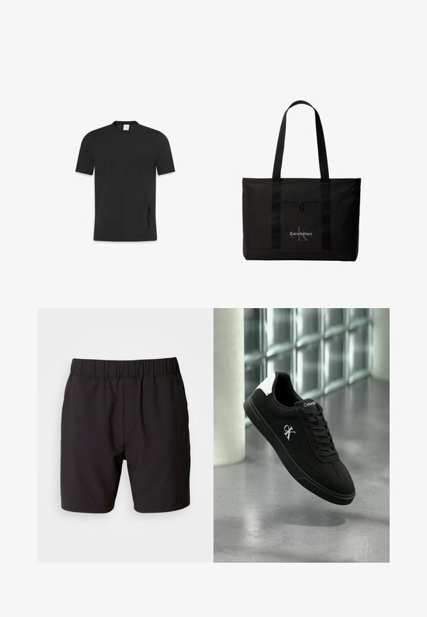 Sort kortærmet t-shirt fremstillet af glat bomuld, med en klassisk rund hals og et lille logo printet på den nederste side.; Sorte shorts lavet af strækbart stof, med en elastisk talje, sidelommer og et simpelt, rent design. Ingen mønstre eller detaljer.; Sort Calvin Klein sneaker med hvid hæl-clip og CK-logo på siden, svævende over poleret betongulv med glasblokvæg i baggrunden.; Sort Calvin Klein tote taske med to lange håndtag og lomme foran, med mærkets logo i hvid og grå.