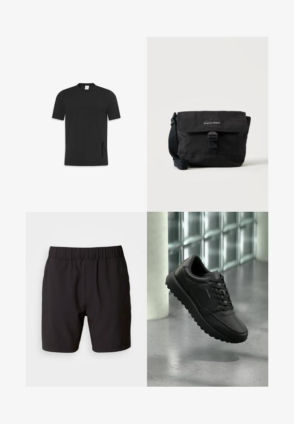 Schwarzes T-Shirt mit kurzen Ärmeln aus glattem Baumwollstoff, mit einem klassischen Rundhalsausschnitt und einem kleinen Logo, das auf der linken unteren Seite gedruckt ist.; Schwarze Shorts aus elastischem Stoff mit einem elastischen Bund, Seitentaschen und einem schlichten, klaren Design. Keine Muster oder Verzierungen.; Schwarzer Calvin Klein Sneaker aus Leder mit Schnürsenkeln, robuster Sohle, schwebend über einem polierten Betonboden vor einem Hintergrund aus Glasbausteinwand.; Schwarze Calvin Klein Schultertasche mit Frontklappe, Schnallenverschluss und verstellbarem Schultergurt auf weißem Hintergrund.