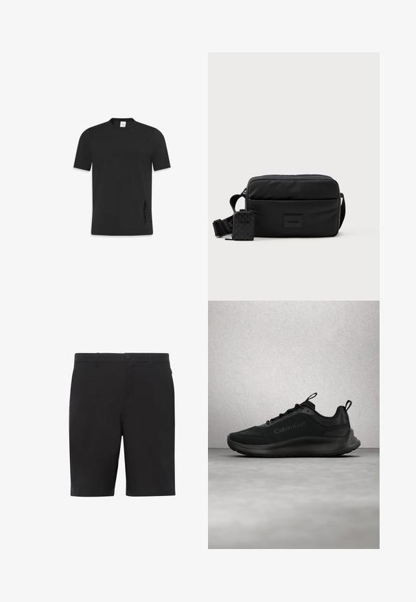 Sort kortærmet t-shirt fremstillet af glat bomuld, med en klassisk rund hals og et lille logo printet på den nederste side.; Sorte shorts lavet af letvægtsstof, med flad front, standard linning og sidelommer. Glat tekstur uden synlige mønstre.; Sort Calvin Klein-sneaker med snørebånd, svævende over en grå poleret gulv nær en glasblokvæg og en hvid søjle.; Sort crossbody taske lavet af glat nylon med en rektangulær form, der har en aftagelig lille pung og en justerbar rem.