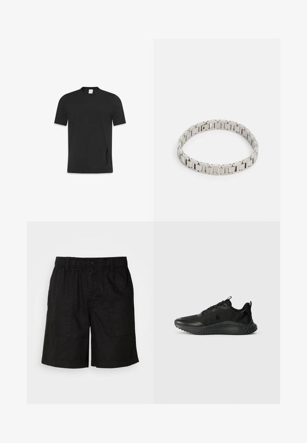 Schwarzes T-Shirt mit kurzen Ärmeln aus glattem Baumwollstoff, mit einem klassischen Rundhalsausschnitt und einem kleinen Logo, das auf der linken unteren Seite gedruckt ist.; Schwarze Shorts mit einem elastischen Bund und einem Knopfverschluss. Verfügt über zwei große seitliche Taschen aus einem strukturierten Stoff. Lässiges Design.; Schwarze SportSneaker mit einer glatten, strukturierten Oberfläche, runder Spitze, robuster Sohle und Schnürsystem für einen sicheren Sitz. Subtile Markenkennzeichnung an der Seite.; Silberner Metallarmreif mit rechteckigen Gliedern, polierter Oberfläche und kleinen runden Akzenten, konzipiert für einen engen Sitz am Handgelenk.
