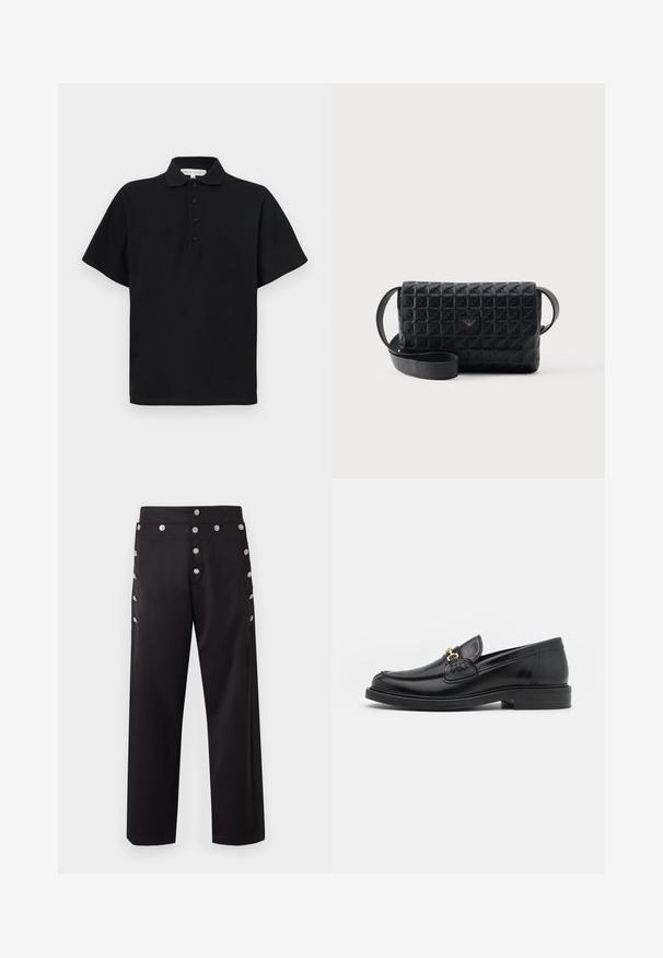 Sort polo shirt med korte ærmer, lavet af blød bomuld. Har en krave og en fire-knaps lukning. Enkel, minimalistisk design.; Sorte bukser med lige snit, lavet af glat stof. Pyntet med sølvknapper langs siden for ekstra detalje.; Sorte læder loafers med en rund tå, der har guld hardware accent og syningsdetaljer, placeret på en lav, tekstureret gummisål.; Sort tekstureret crossbodytaske med klaplukning og et lille metallogo foran, vist mod en ensfarvet baggrund.