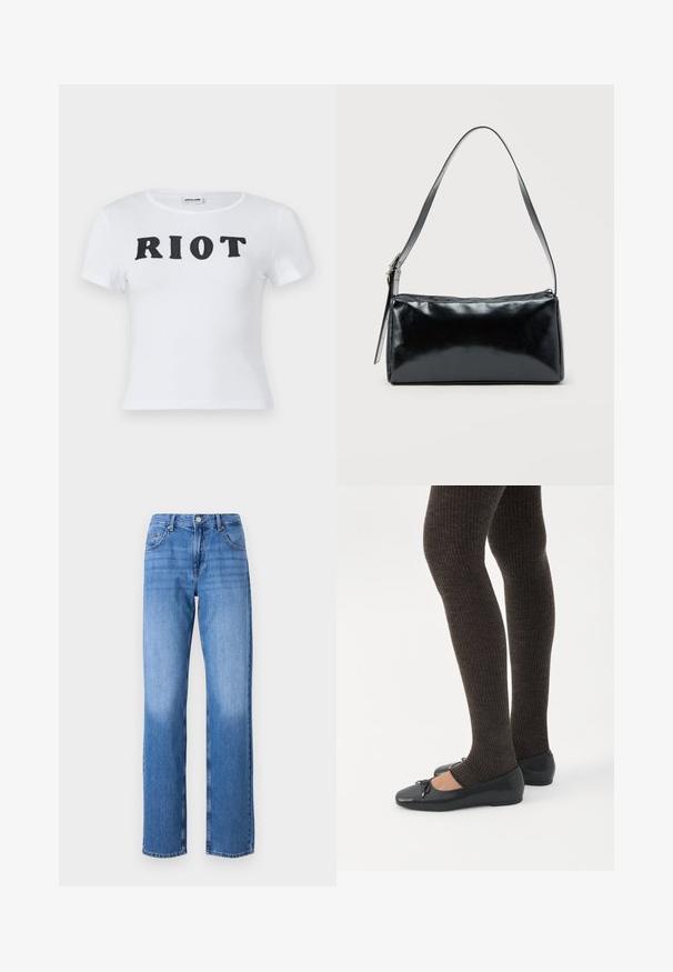 T-shirt blanc à manches courtes avec un col rond portant le mot "RIOT" en lettres noires en gras sur l'avant. Matière en coton doux.; Jean en denim bleu clair avec une taille haute, une coupe droite et des zones décolorées. Comprend des poches avant standard et une fermeture à bouton.; Jambes portant des leggings côtelés foncés associés à des ballerines noires avec de petits détails en nœud sur fond blanc.; Sac d'épaule rectangulaire noir avec une sangle réglable unique et une fermeture éclair supérieure sur un fond uni.