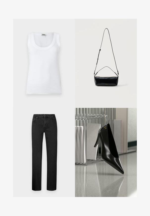 Hvid ribbet ærmeløs tanktop med rund halsudskæring og mærkelabel ved kraven bagpå, vist på en ensfarvet hvid baggrund.; Sorte straight-leg jeans lavet af denim, med et klassisk fem-lomme design, knaplukning og bæltestropper. Glat tekstur.; Sort højhælet sko med spids tå og guldlogo, placeret på en reflekterende overflade nær en krom trådfilholder med dokumenter.; Sort rektangulær læder crossbody-taske med justerbar skulderrem, top lynlås og lille gyldent Calvin Klein-logo foran.
