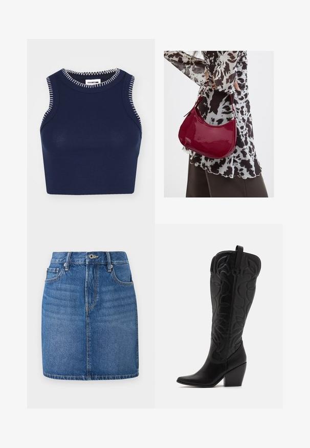 Marineblå ribbet tanktop med rund halsudskæring, prydet med kontrasterende hvid syning langs kanterne og uden ærmer.; Denim nederdel i blå, lige skæring med taljebånd, forlommer og en falmet finish. Har kontrast syninger og lynlås til åbning.; Sorte knæhøje støvler i læder med spids snude og lagdelt hæl. Har dekorative syninger og buede designelementer.; Kvinde iført en sort- og hvidmønstret bluse, der holder en blank rød skuldertaske mod en ensfarvet baggrund.