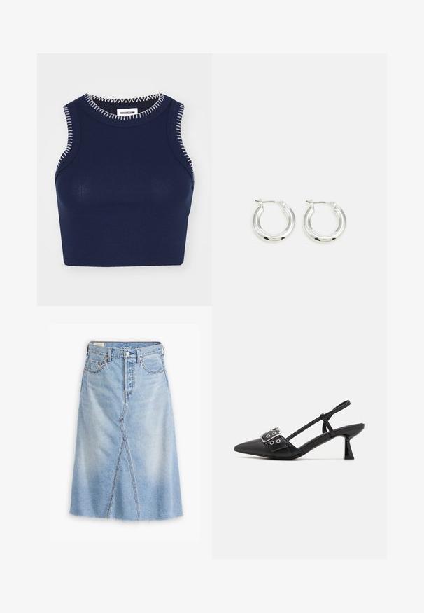 Marineblå ribbet tanktop med rund halsudskæring, prydet med kontrasterende hvid syning langs kanterne og uden ærmer.; Lysblå denimnederdel med lige snit, frontspalte, filt kant, fem lommer og metalhardwaredetaljer.; Simmi London DALA - Pumps - black; Sølv hoop-øreringe med en poleret finish, der har en cirkulær form og en hængslet lukning. Glat tekstur med minimal detaljering.