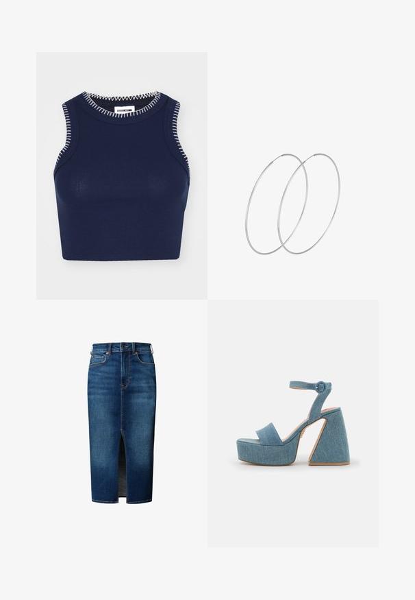 Marineblaue gerippte Tanktop mit Rundhalsausschnitt, das kontrastierende weiße Nähte entlang der Kanten und keine Ärmel aufweist.; Dunkelblauer Jeans-Midirock mit vorderem Schlitz, Knopfverschluss, Gürtelschlaufen und Fronttaschen.; Denim-Plateausandalen mit einem Knöchelriemen, breitem Vorderband und einem geometrischen hohen Absatz in Hellblau mit hellbraunen Akzenten.; Silberne Creolen mit minimalistischem Design. Rundform, glatte Oberfläche und dünnes Profil. Leichtgewichtig mit hochglänzender Oberfläche.