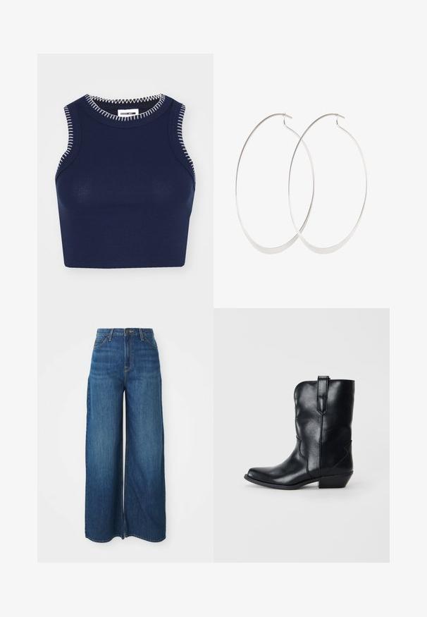 Tumesinine ribbed tank top ümmarguse kaelusega, millel on kontrastset valget tikandit ääristel ja ilma varrukateta.; Kõrge vöökohaga laiad sinised teksapüksid, millel on ees taskud, vöölõngad, nööbiga kinnitamine ja nähtavad õmblused valgel taustal.; Mustakate nahkasaabas, terava varvas, keskmise sääre kõrgus, dekoratiivne tikand ja väike konts. Varustatud tõmbenööriga mugavaks selga panemiseks.; Hõbedased rõngassõrmused õhukese, sujuva disainiga; piklik ovaalne kuju; poleeritud viimistlus; omavad kindlat konksu sulgemist.