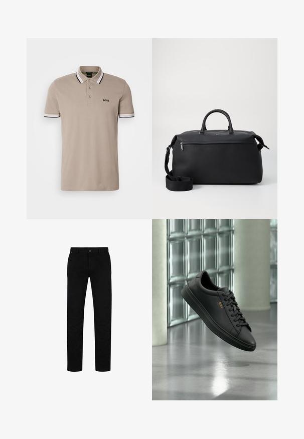 Beige polo särk klassikalise kraega, lühikeste varrukatega ja musta ja valge aktsendiga äärega. Rinna kohal tikitud 'BOSS' logo.; Mustadest puuvillast püksid sirge lõikega, nupuga kinnitamise, vöökonksude ja minimalistliku disainiga. Sile tekstuur, ilma mustriteta.; Mustad madala säärega nahast tennised mustade paelte ja kuldse BOSS logo külgedel, hõljuvad läikiva halli põranda kohal moodsas siseruumis.; Mustast nahast duffel kott kahe ülemise käepideme, eemaldatava õlarihma ja lukuga esikoti lisarakendamisega.