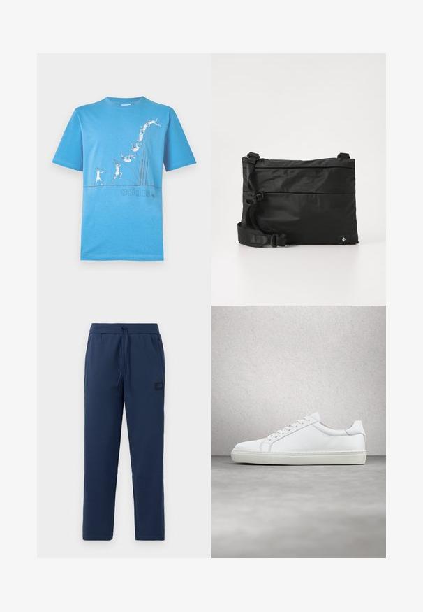 Blaues Baumwoll-T-Shirt mit einem grafischen Druck von stilisierten Figuren in Bewegung, mit dem Adidas-Logo in einem dunkleren Farbton nahe dem Saum.; Navyblaue Jogginghosen aus einem weichen Baumwollmix, mit einem elastischen Bund und Kordelzug sowie einem kleinen Markenpatch an der Hüfte.; Weißer Sneaker mit glattem Lederobermaterial und niedrigem Profil. Verfügt über eine runde Zehenpartie, sechs Ösen und eine strukturierte Gummisohle.; Schwarze Nylon-Umhängetasche mit verstellbarem Riemen, flachem Design und seitlichem Etikett mit Logo. Glatte Textur und minimalistischer Stil.