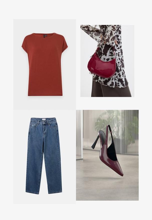 Kurzärmeliges T-Shirt in Rostfarbe mit Rundhalsausschnitt und umgeschlagenen Ärmelbündchen, dargestellt vor einfachem weißem Hintergrund.; Klassische blaue Denim-Jeans mit geradem Bein, fünf Taschen und Knopfverschluss. Sie verfügen über eine mittelblau gewaschene Optik und sind aus robuster Textur.; Glänzender dunkelroter Slingback mit hohem Absatz, spitzer Zehenform und schwarzer Innenfütterung, schwebt über einem glatten Betonboden im Innenraum.; Frau trägt eine schwarz-weiß gemusterte Bluse und hält eine glänzende rote Schultertasche vor einem einfarbigen Hintergrund.