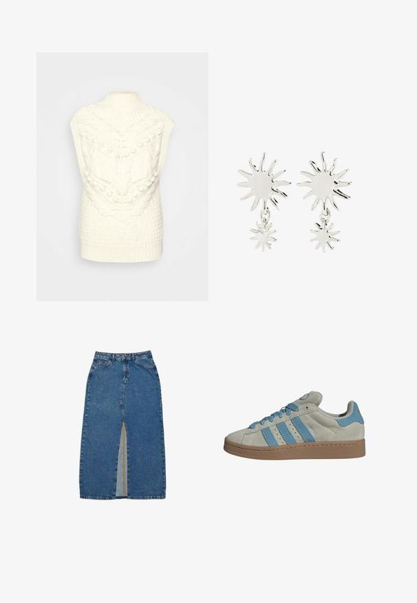 Crème-kleurige gebreide vest met een hoge geribde kraag en textuurpatronen, waaronder kabels en bobbels, die een gezellige uitstraling geven.; Lichte blauwe denimrok met een vooropening, voorzien van een rechte snit, klassiek vijf-pocket ontwerp en een sluiting met bovenste knoop.; Lichtgrijze suède sneakers met blauwe strepen, ronde neus, platte tan rubberen zool en geperforeerde details aan de zijkanten. "CAMPUS" tekst aan de zijkant.; Oorbellen van zilverkleurig metaal met zonnestraalvormen, elk met een grotere zonnestraalknop en een kleinere zonnestraalbedel die onder hangt.