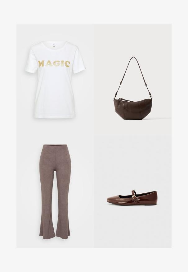 Witte katoenen t-shirt met glinsterende gouden tekst "MAGIC" in een vet, rond lettertype. Korte mouwen en een klassieke ronde hals.; Bruine geribbelde flared broeken met een hoge, rekbare tailleband en een zachte textuur, met een subtiel verticaal patroon in het geheel.; Bruine gepatineerde leren balletschoen met een vierkante neus en een bandje met een kleine gouden gesp. Gladde textuur, lage hak en minimalistisch ontwerp.; Bruine leren schoudertas met een gebogen onderkant en een verstelbare riem tegen een effen lichte achtergrond.