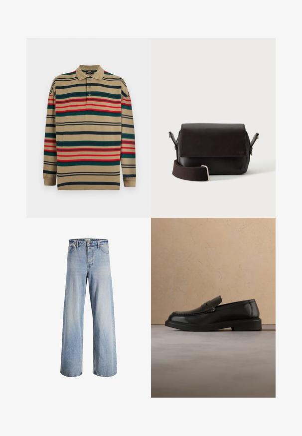 Beige langärmliges Poloshirt mit grünen, roten und schwarzen horizontalen Streifen und drei Knöpfen am Kragen.; Hellblaue, hochgeschnittene, weit geschnittene Jeans mit vorderem Knopf- und Reißverschluss, fünf Taschen und verwaschenen Details auf dem Stoff.; Schwarzer Lederschuh ohne Schnürsenkel schwebt über einem beigen gewebten Teppich, im Hintergrund ein runder Holztisch und ein Sofa.; Dunkelbraune Leder-Umhängetasche mit Klappenverschluss und verstellbarem Stoffriemen auf weißem Hintergrund.
