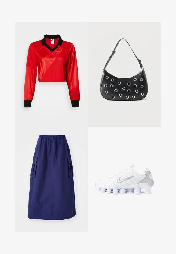 Červený skrátený športový top s čiernym golierom, dlhými rukávmi, s textúrovaným vzorom a logom Nike na rukáve. Hladká a lesklá látka.; Námornícky modrá sukňa strednej dĺžky s elastickým pásom, ktorá má dve bočné cargo vrecká a minimálnu logotlač. Hladká textúra látky.; Biele športové topánky s jemnou sieťovinou na hornej časti, striebornými detailmi a jedinečným dizajnom podpätka v tvare cievky. Majú polstrovaný golier a šnurovanie pre lepšie udržanie na nohe.; Čierna kožená kabelka cez rameno s nastaviteľným remienkom, zdobená striebornými kovovými očkami a horným zipsovým zapínaním.