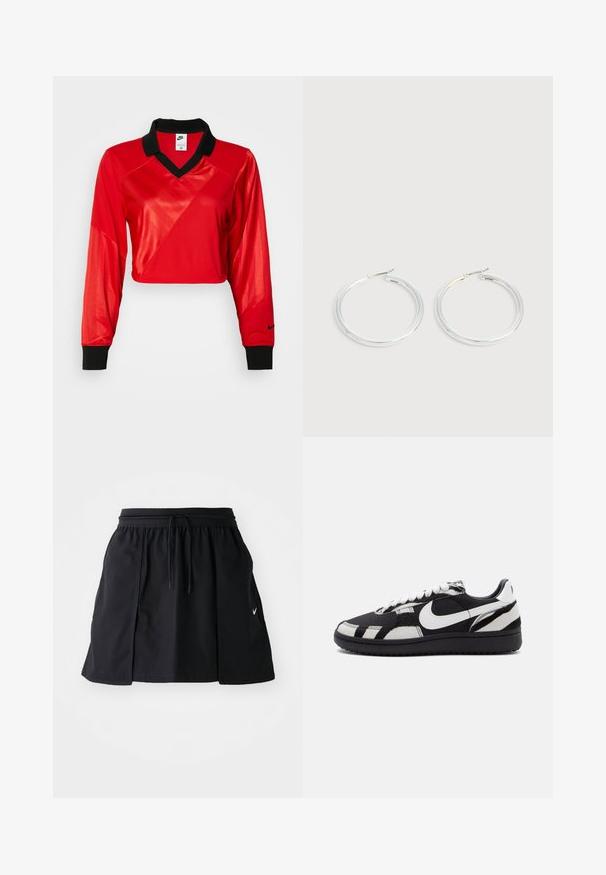 Top deportivo corto rojo con cuello negro, mangas largas, con un patrón texturizado y el logo de Nike en la manga. Tejido suave y brillante.; Falda deportiva negra con cinturilla elástica y cordón ajustable. Presenta aberturas laterales, tejido ligero y un pequeño logo en el dobladillo.; Zapatillas en blanco y negro con una parte superior texturizada, que cuentan con un prominente logo de Nike en blanco y una suela negra, cierre con cordones y detalles con un patrón.; Pareja de pendientes de aro plateados brillantes con cierres de alambre delgado, mostrados sobre un fondo gris claro.