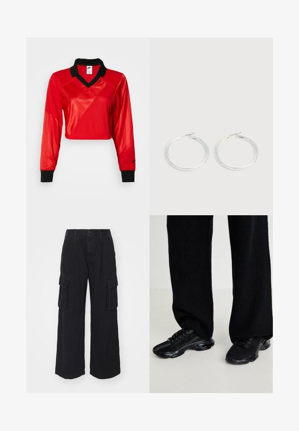 Haut de sport rouge court avec col noir, manches longues, présentant un motif texturé et le logo Nike sur la manche. Tissu lisse et brillant.; Pantalons cargo noirs fabriqués dans un tissu durable, dotés de jambes larges, de multiples poches latérales et d'une fermeture à bouton classique à la taille.; Baskets noires avec une tige en tricot texturé, forme élégante et semelle noire brillante, présentant des accents réfléchissants subtils et un système de laçage.; Paire de boucles d'oreilles créoles argentées brillantes avec fermoirs en fil fin, présentée sur un fond gris clair.