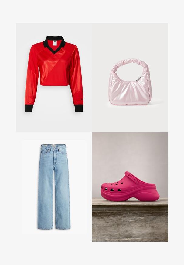 Top deportivo corto rojo con cuello negro, mangas largas, con un patrón texturizado y el logo de Nike en la manga. Tejido suave y brillante.; Jeans de pierna ancha de talle alto, de un azul claro, con botón y cremallera en el frente, lazos para cinturón y estilo de cinco bolsillos.; Zuecos de goma de color rosa brillante con agujeros de ventilación, una correa en la parte posterior y una suela curva para mayor comodidad. Textura elegante y suave en todo.; Bolso de mano acolchado en color rosa con un diseño redondeado, fabricado en material brillante. Presenta un asa fruncida y un cierre de cremallera para un acceso seguro.