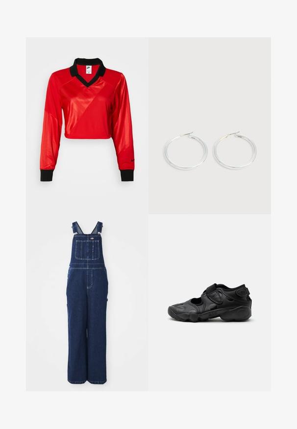 Rotes, kurzes Sporttop mit schwarzem Kragen und langen Ärmeln, das ein strukturiertes Muster und das Nike-Logo am Ärmel zeigt. Glattes und glänzendes Material.; Jeans-Overalls in Dunkelblau, mit verstellbaren Trägern, Brusttasche, Seitentaschen und einer lockeren, weiten Passform. Klassische Nähdetails.; Schwarze sportliche Sandale mit geschlossenem Zehenbereich, Klettverschlüssen am Mittelfuß und an der Ferse sowie einer dicken gepolsterten Sohle mit der Aufschrift „AIR“ an der Seite.; Paar glänzende silberne Creolen mit dünnen Drahtverschlüssen, dargestellt vor einem hellgrauen Hintergrund.