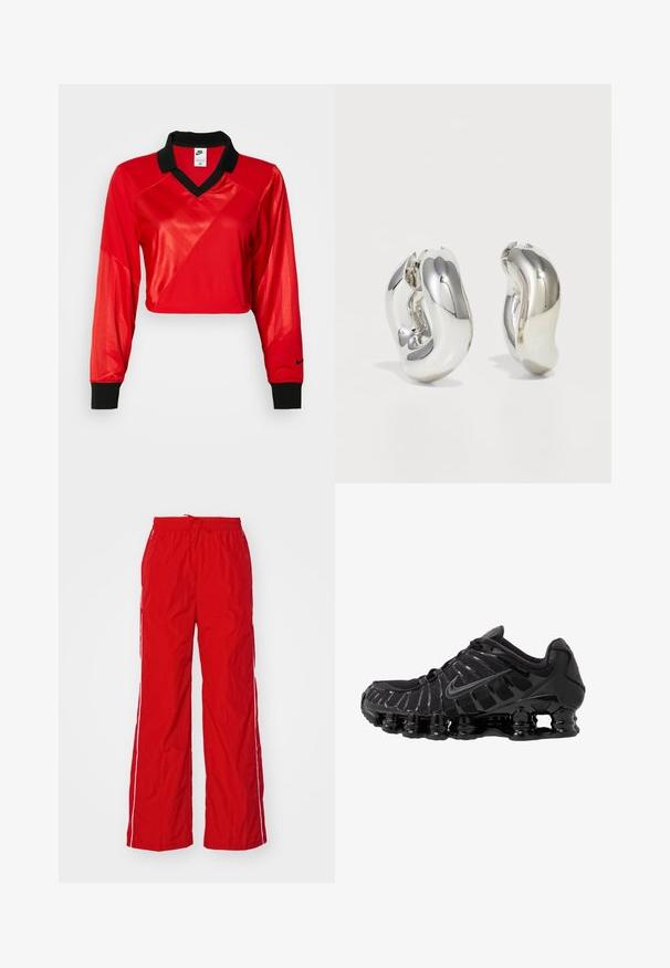 Červený skrátený športový top s čiernym golierom, dlhými rukávmi, s textúrovaným vzorom a logom Nike na rukáve. Hladká a lesklá látka.; Červené nylonové nohavice s širokým strihom, elastickým pásom s šnúrkou a bielymi bočnými pruhmi. Hladká textúra s ľahkým vzhľadom.; Čierna športová obuv s vrchnou časťou z sieťoviny a lesklými detailmi. Obsahuje zakrivené odpruženie a textúrované línie po stranách. Viditeľné logo Nike.; Strieborné sochárske náušnice s hladkými, zakrivenými tvarmi a reflexnými povrchmi. Obsahujú uzavretý kruhový dizajn a výraznú organickú formu.