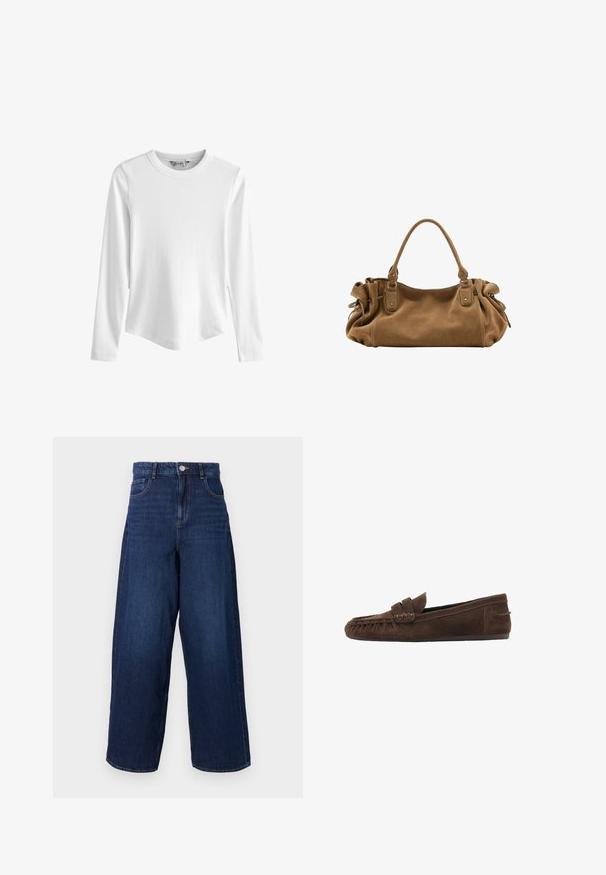 Haut blanc à manches longues côtelé avec encolure ronde et ourlet légèrement arrondi, présenté sur un fond blanc uni.; Jean en denim bleu foncé à jambes larges, taille haute, cinq poches et fermeture à bouton. Le tissu a une texture lisse avec un léger délavage.; Mocassin marron en daim avec détails cousus et petit talon, présenté de profil sur fond blanc.; Sac à main en daim marron doux avec une poignée supérieure unique et des détails latéraux froncés maintenus par des sangles en cuir et des anneaux métalliques.