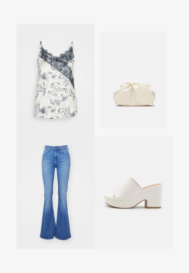 Satin top med marineblå blonder, med en hvid bund prydet med detaljerede blå tropiske mønstre, herunder palmer og strandelementer.; Lyseblå, trompetformede jeans lavet af denim, med høj talje, fem lommer og en let falmende farve mod kanten. Sølvfarvet knaplukning.; Hvide platformmules med en glat overflade, åben tå-design og en kraftig hæl. Har en subtil overfladiskøm og en kontrastfarvet sål.; Blød, cremefarvet læder clutch taske med samlet, rynket design og en tynd skulderrem, der hviler foran på en ensfarvet baggrund.