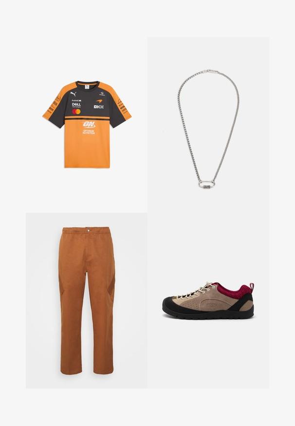 Lyhythihainen urheilupaita oranssina ja tummanharmaana, jossa useita sponsorilogot, kuten Puma, Dell, Mastercard ja Optimum Nutrition.; Jordan CHICAGO PANT - Reisitaskuhousut - british tan; Kengät beigen värisestä mokasta yläosasta, mustasta kumipohjasta, vaaleanpunaisista verkkosomisteista ja harmaista nauhoista. Sisältää reikärakenteen hengittävyyttä varten ja vetoluukun.; Hopeaketju, jossa on sileä soikea lukko tekstuurilla. Ketjun lenkit ovat tasalaatuisia ja kiillotettuja, luoden tyylikkään ilmeen.