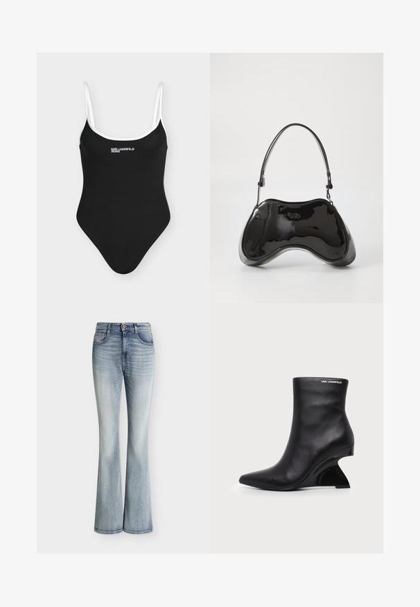 Maillot de bain une pièce côtelé noir avec fines bretelles blanches et logo blanc "Karl Lagerfeld Jeans" sur la poitrine.; Jean en denim bleu clair taille haute avec une légère évasement en bas et des détails délavés sur le devant des cuisses.; Bottine en cuir noir avec talon sculpté incurvé et logo Karl Lagerfeld près du bord supérieur sur fond blanc.; Sac à main en cuir verni noir avec une forme incurvée unique, une anse courte et ajustable, et une fermeture zippée. Texture lisse avec un branding discret.