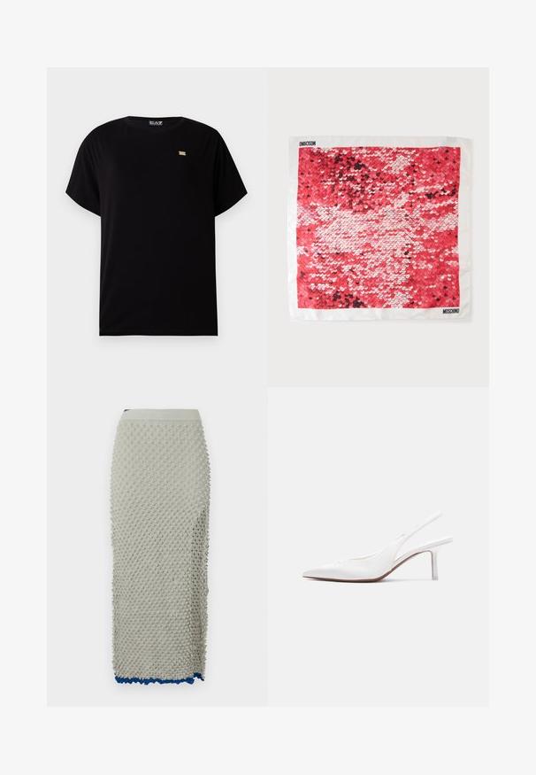 Schwarzes T-Shirt aus weichem Stoff mit Rundhalsausschnitt, kurzen Ärmeln und einem kleinen goldenen Logoakzent in Brustnähe.; Strickrock in Hellgrau mit strukturiertem Bobbel-Design, elastischem Bund und kontrastierendem blauen gewellten Saum. Lange, enganliegende Silhouette.; Damen-Slingback-Schuh aus weißem Leder mit spitzer Spitze, niedrigem Kitten-Heel und kleiner dekorativer Schleife oben, seitlich dargestellt.; Seidenschal mit weißem Rand und rotem Paillettenmuster in Sternform, gebrandet mit Moschino in zwei Ecken.