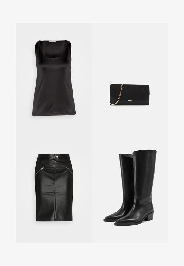 Anna Field by Zalando Top - black; Sort læder blyantsskirt med en glat tekstur, der har to lynlåslommer foran og en tætsiddende silhuet.; Par høje sorte læderstøvler med lave blokhæle og spidse tæer på en ensartet lys baggrund.; Sort clutch taske lavet af ruskind med en struktureret overflade, udstyret med en guld kædestrop og et elegant, kantet design.