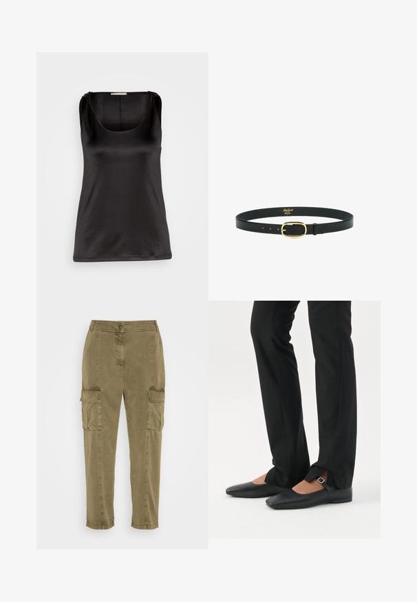 Anna Field Top - black; IKKS PANTALON - Cargobukser - army; Ben iført sorte smalle bukser med forreste slidser ved kanten, parret med sorte flade Mary Jane-sko med lille spænde.; Sort læderbælte med en tekstureret overflade, der har en oval guldbæltespænde. Indeholder flere huller til justering og en mærkeetiket indeni.