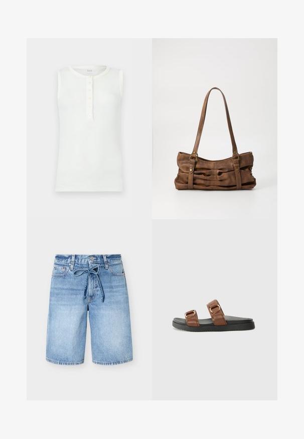 Haut blanc sans manches en coton côtelé avec encolure ronde et patte de boutonnage à cinq boutons sur le devant, posé à plat sur un fond clair.; Short en denim bleu moyen avec taille haute, bouton devant, cinq poches et ceinture en tissu nouée à la taille.; Des sandales en cuir marron à glisser présentent deux larges lanières avec du matériel doré, reposant sur une semelle en caoutchouc noir texturé.; Even&Odd by Zalando Sac à main - brown