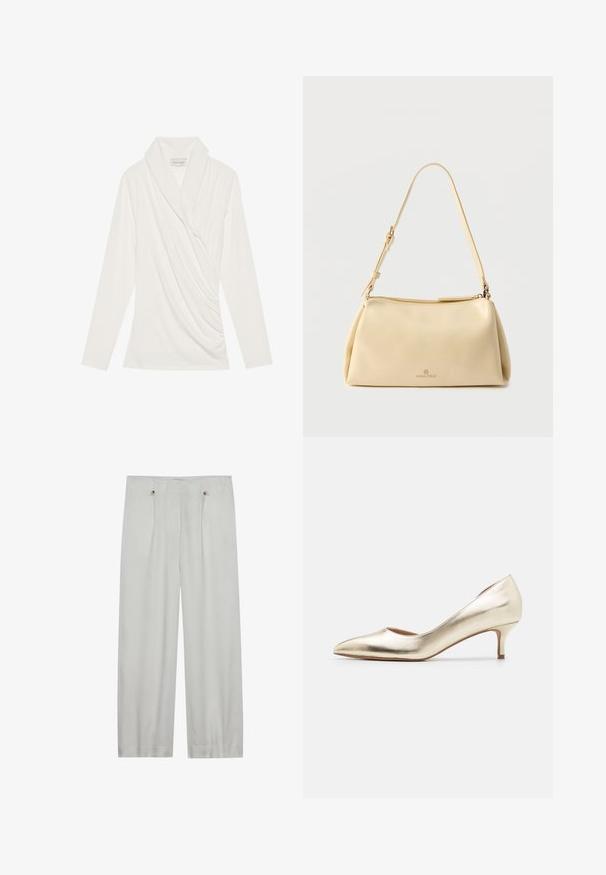 Witte blouse met lange mouwen, voorzien van een gedrapeerde halslijn, zachte textuur en gathers aan de zijkant voor een getailleerde uitstraling.; Lichtgrijze, wijde pantalon gemaakt van een zachte stof. Heeft twee voorplooien, twee knoopsluitingen en een gladde textuur.; Metallische gouden hoge hakpomp met een spitse teen, slanke hak, een gladde textuur en minimale stikseldetails op de bovenkant.; Beige rechthoekige schoudertas met verstelbare riem en ritssluiting, met een klein "Anna Field" logo middenvoor.