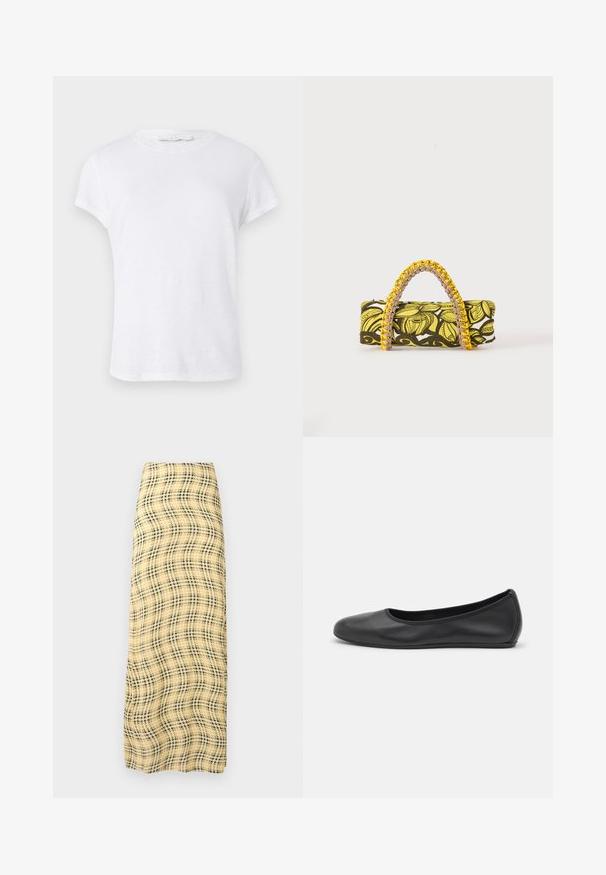 Camiseta blanca de manga corta con cuello redondo, fabricada en un material ligero, que presenta un diseño simple y limpio sin adornos.; Rabanne Falda larga - green/yellow/cream; Bailarina de piel negra con punta redondeada, textura suave, detalle de costura minimalista y diseño de suela flexible.; Bolsa rectangular con patrón floral en amarillo y negro y asa trenzada amarilla y rosa sobre fondo blanco.