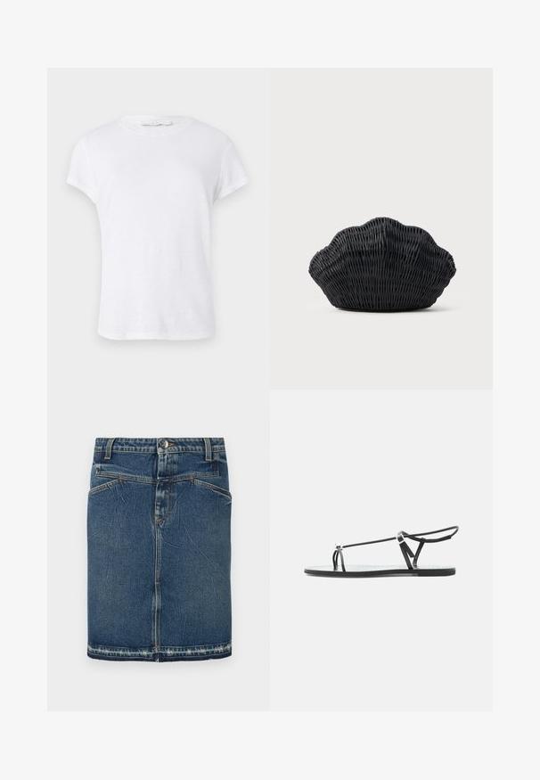 Weißes T-Shirt mit kurzen Ärmeln und rundem Halsausschnitt, aus leichtem Stoff gefertigt, mit einem einfachen, schlichten Design ohne Verzierungen.; Denimrock mit einem klassischen Blue-Wash, fünf Taschen-Design und fransigem Saum. Schließt mit einem vorderen Knopf und Reißverschluss.; Schwarze flache Sandale mit dünnen Riemen, einer Zehenschlaufe und einer verstellbaren Knöchelschnalle auf hellgrauem Hintergrund.; Schwarze Korbtasche in Muschelform mit gebogenem Oberteil und gewebter Textur auf einfarbigem Hintergrund.