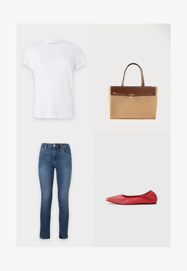 Weißes T-Shirt mit kurzen Ärmeln und rundem Halsausschnitt, aus leichtem Stoff gefertigt, mit einem einfachen, schlichten Design ohne Verzierungen.; Dunkelblaue Skinny Jeans aus Denim mit normalem Bund, fünf Taschen und dezentem Ausbleichen im Oberschenkelbereich. Mit genähten Nähten abgeschlossen.; Filippa K REY FLATS - Klassischer Ballerina - bright red; Rechteckige gewebte Strohtasche mit braunen Lederbesätzen, schmalem Gürtel-Detail und zwei Ledergriffen vor einem schlichten hellen Hintergrund.