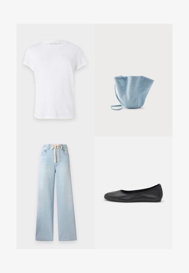 Hvid kortærmet t-shirt med rund halsudskæring, lavet af letvægtsstof, med et simpelt og rent design uden udsmykninger.; Lyseblå vidde jeans lavet af denim, med snøre i taljen og klassisk fem-lomme design med minimal falming.; Sort læderballetsko med rund tå, glat tekstur, minimal syning og et fleksibelt såldesign.; Lyseblå stofhåndtaske med lang strop, bred åbning øverst og stikninger i lodrette sømme, sat mod en ensfarvet hvid baggrund.