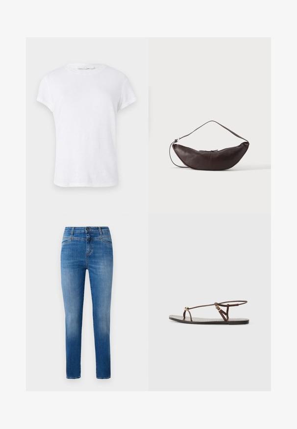 Weißes T-Shirt mit kurzen Ärmeln und rundem Halsausschnitt, aus leichtem Stoff gefertigt, mit einem einfachen, schlichten Design ohne Verzierungen.; Klassische blaue Jeans aus Denim mit geradem Bein, gestaltet mit einem mittelhohen Bund, Vordertaschen und orangefarbenen Nähten.; Braune Leder-Sandale mit dünnen Riemen, einem goldenen, runden Akzent und einer flachen Sohle. Minimalistisches Design mit einem verstellbaren Schnallen-Detail.; Dunkelbraune Leder-Schultertasche in Halbmondform mit gebogenem Riemen und sichtbarer Naht auf schlichtem Hintergrund.